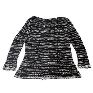 Eileen Fisher Nubbly Cotton Tape Wave Loose Knit Sweater Black and White